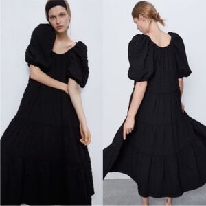 Zara Textured Weave Black Dress - Puff Balloon sleeves (S)
